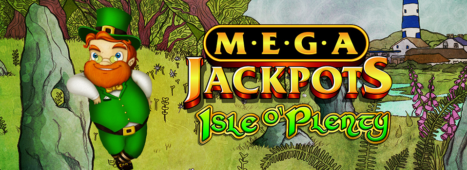 Mega Jackpots Isle o'Plenty Schriftzug mit irischer Landschaft und Kobold